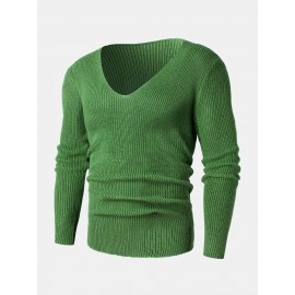 Mens Solid Rib-Knit V-Neck Basic Long Sleeve Pullover Sweaters