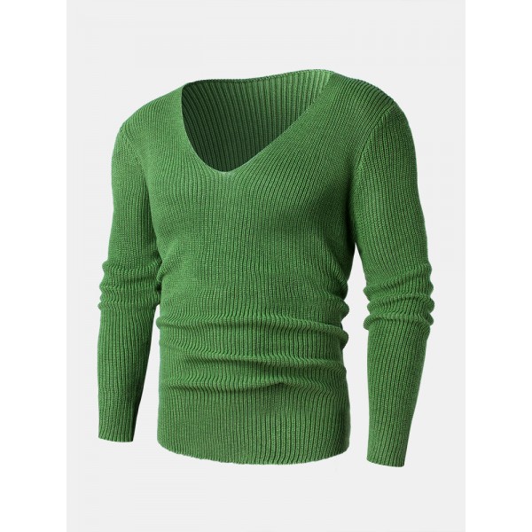 Mens Solid Rib-Knit V-Neck Basic Long Sleeve Pullover Sweaters 