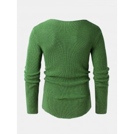 Mens Solid Rib-Knit V-Neck Basic Long Sleeve Pullover Sweaters