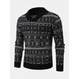 Men Knitted Printed V-neck Lapel Pullover Casual Sweaters