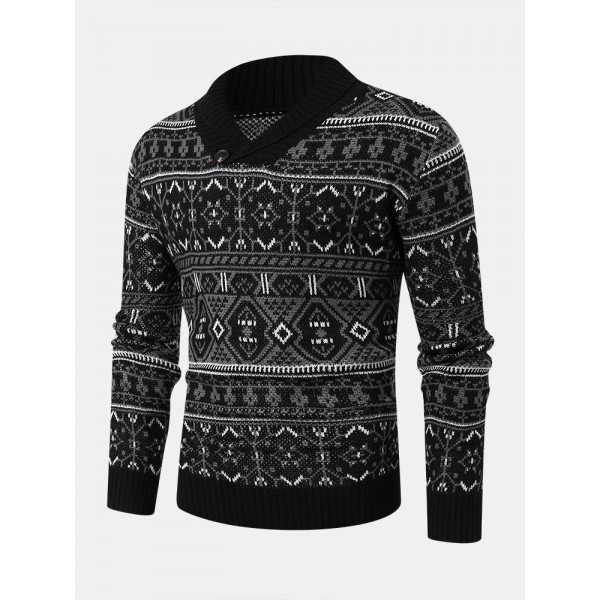 Men Knitted Printed V-neck Lapel Pullover Casual Sweaters 