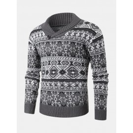 Men Knitted Printed V-neck Lapel Pullover Casual Sweaters