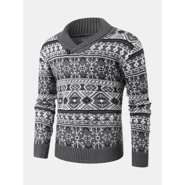 Men Knitted Printed V-neck Lapel Pullover Casual Sweaters 