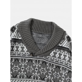 Men Knitted Printed V-neck Lapel Pullover Casual Sweaters