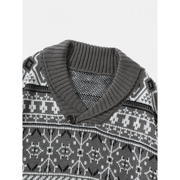 Men Knitted Printed V-neck Lapel Pullover Casual Sweaters 