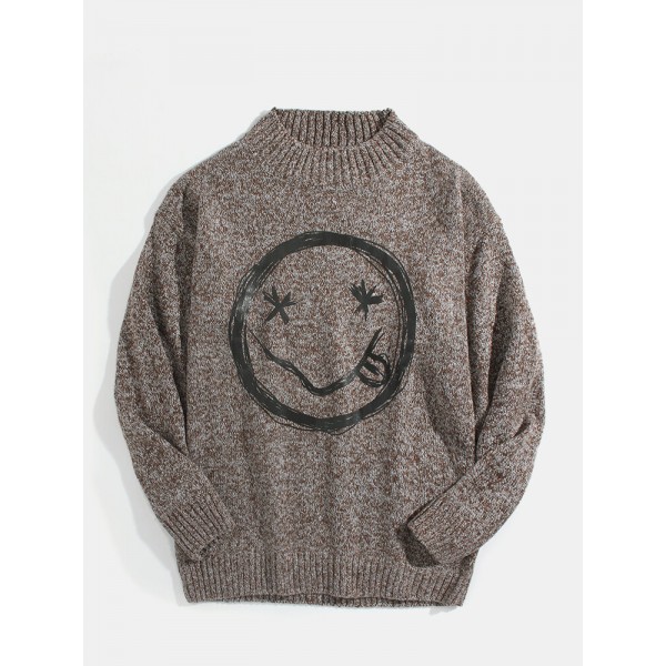 Mens Smile Face Print Crew Neck Knit Cotton Casual Pullover Sweaters 