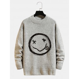 Mens Smile Face Print Crew Neck Knit Cotton Casual Pullover Sweaters