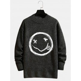 Mens Smile Face Print Crew Neck Knit Cotton Casual Pullover Sweaters