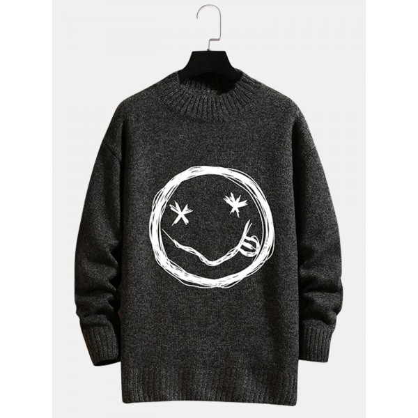 Mens Smile Face Print Crew Neck Knit Cotton Casual Pullover Sweaters 