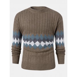 Mens Vintage Argyle Pattern Rib-Knit Cotton Long Sleeve Pullover Sweaters