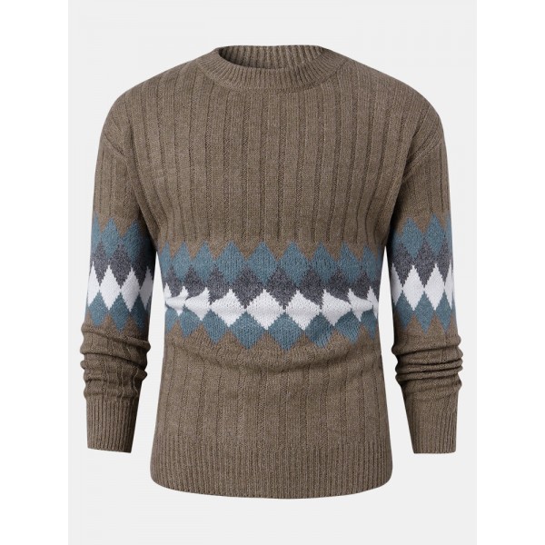 Mens Vintage Argyle Pattern Rib-Knit Cotton Long Sleeve Pullover Sweaters 