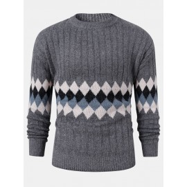 Mens Vintage Argyle Pattern Rib-Knit Cotton Long Sleeve Pullover Sweaters