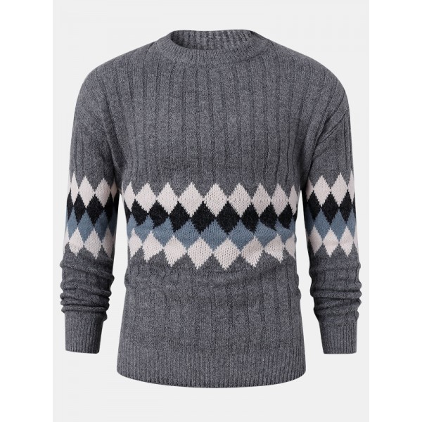 Mens Vintage Argyle Pattern Rib-Knit Cotton Long Sleeve Pullover Sweaters 