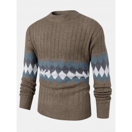 Mens Vintage Argyle Pattern Rib-Knit Cotton Long Sleeve Pullover Sweaters