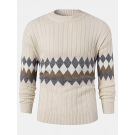 Mens Vintage Argyle Pattern Rib-Knit Cotton Long Sleeve Pullover Sweaters