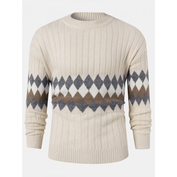 Mens Vintage Argyle Pattern Rib-Knit Cotton Long Sleeve Pullover Sweaters 