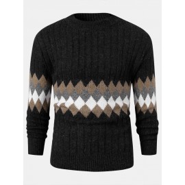 Mens Vintage Argyle Pattern Rib-Knit Cotton Long Sleeve Pullover Sweaters