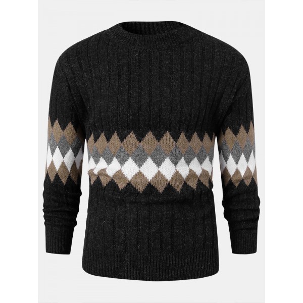 Mens Vintage Argyle Pattern Rib-Knit Cotton Long Sleeve Pullover Sweaters 