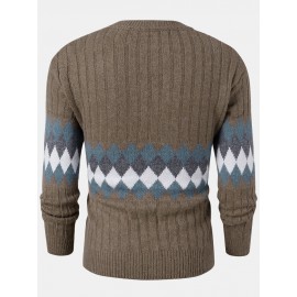 Mens Vintage Argyle Pattern Rib-Knit Cotton Long Sleeve Pullover Sweaters