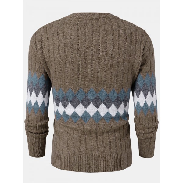 Mens Vintage Argyle Pattern Rib-Knit Cotton Long Sleeve Pullover Sweaters 