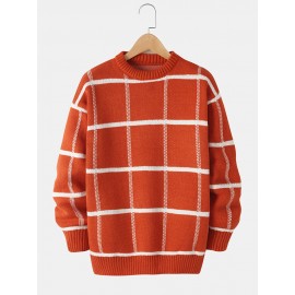 Mens Grid Pullover Long Sleeve Round Neck Knitted Sweaters