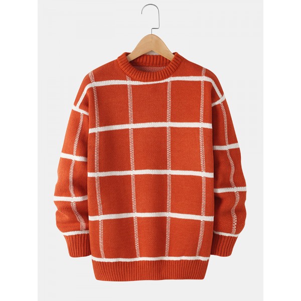 Mens Grid Pullover Long Sleeve Round Neck Knitted Sweaters 