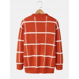 Mens Grid Pullover Long Sleeve Round Neck Knitted Sweaters