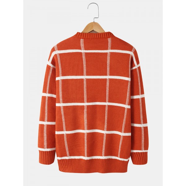 Mens Grid Pullover Long Sleeve Round Neck Knitted Sweaters 