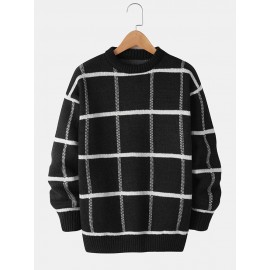 Mens Grid Pullover Long Sleeve Round Neck Knitted Sweaters