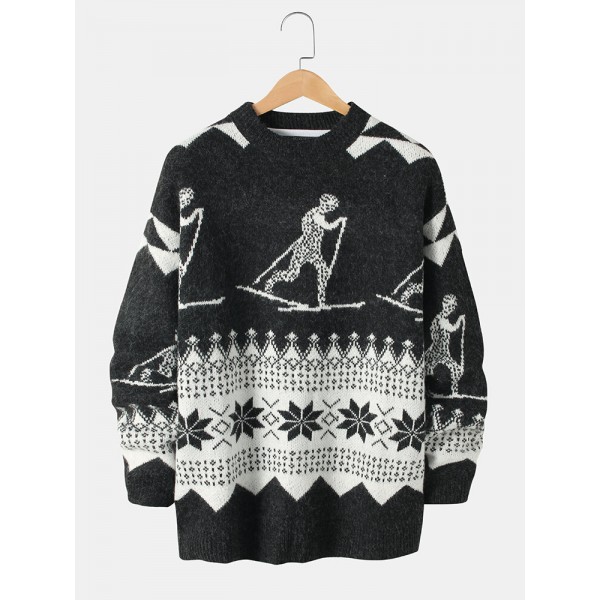 Mens Knitted Figure Geometry Pattern Warm Long Sleeve Pullover Sweaters 