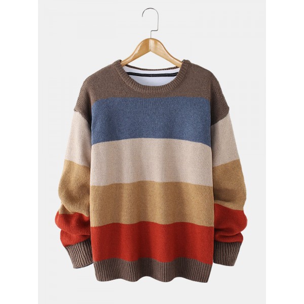 Mens Striped Knitting Round Neck Long Sleeve Warm Sweaters 