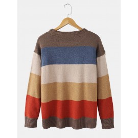 Mens Striped Knitting Round Neck Long Sleeve Warm Sweaters