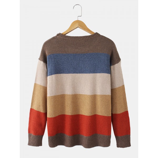 Mens Striped Knitting Round Neck Long Sleeve Warm Sweaters 