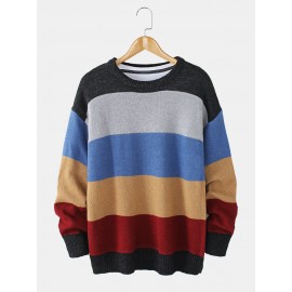 Mens Striped Knitting Round Neck Long Sleeve Warm Sweaters