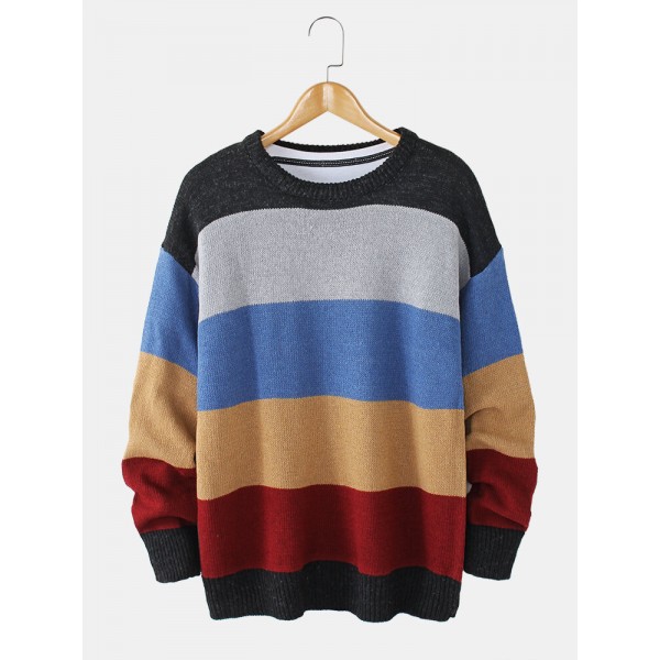 Mens Striped Knitting Round Neck Long Sleeve Warm Sweaters 