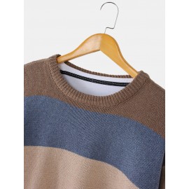 Mens Striped Knitting Round Neck Long Sleeve Warm Sweaters