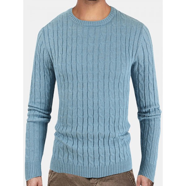 Mens Solid Color Crew Neck Twist Knitted Regular Fit Pullover Sweater