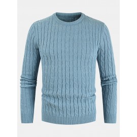 Mens Solid Color Crew Neck Twist Knitted Regular Fit Pullover Sweater