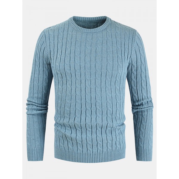 Mens Solid Color Crew Neck Twist Knitted Regular Fit Pullover Sweater 