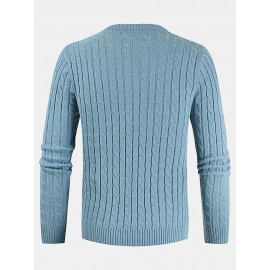 Mens Solid Color Crew Neck Twist Knitted Regular Fit Pullover Sweater