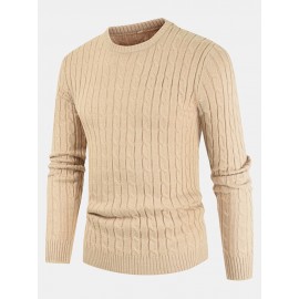 Mens Solid Color Crew Neck Twist Knitted Regular Fit Pullover Sweater