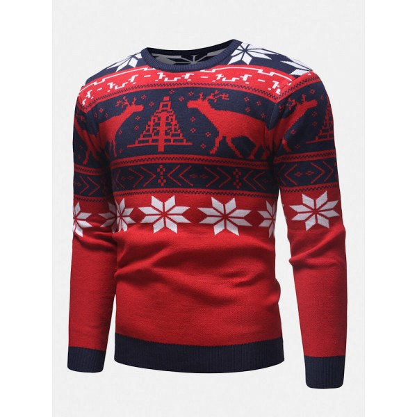 Mens Christmas Pattern Crew Neck Regular Fit Casual Knitted Sweater