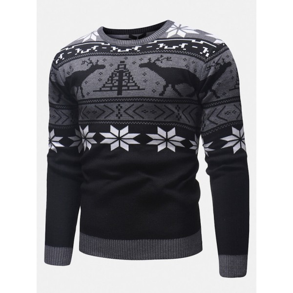 Mens Christmas Pattern Crew Neck Regular Fit Casual Knitted Sweater 