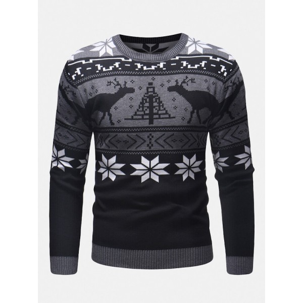 Mens Christmas Pattern Crew Neck Regular Fit Casual Knitted Sweater 