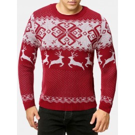 Mens Christmas Style Elk Graphics Round Neck Long Sleeve Warm Knitted Sweaters