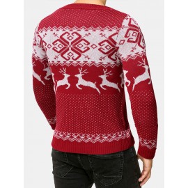 Mens Christmas Style Elk Graphics Round Neck Long Sleeve Warm Knitted Sweaters