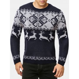 Mens Christmas Style Elk Graphics Round Neck Long Sleeve Warm Knitted Sweaters