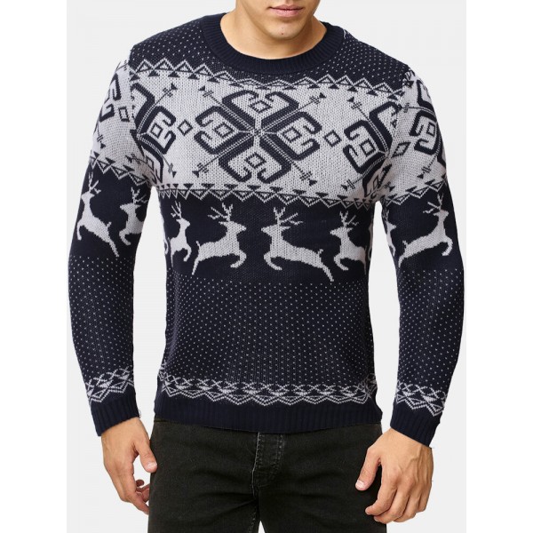 Mens Christmas Style Elk Graphics Round Neck Long Sleeve Warm Knitted Sweaters 