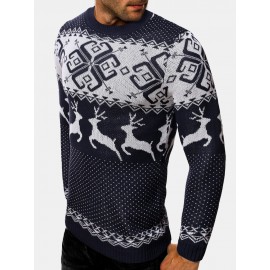 Mens Christmas Style Elk Graphics Round Neck Long Sleeve Warm Knitted Sweaters