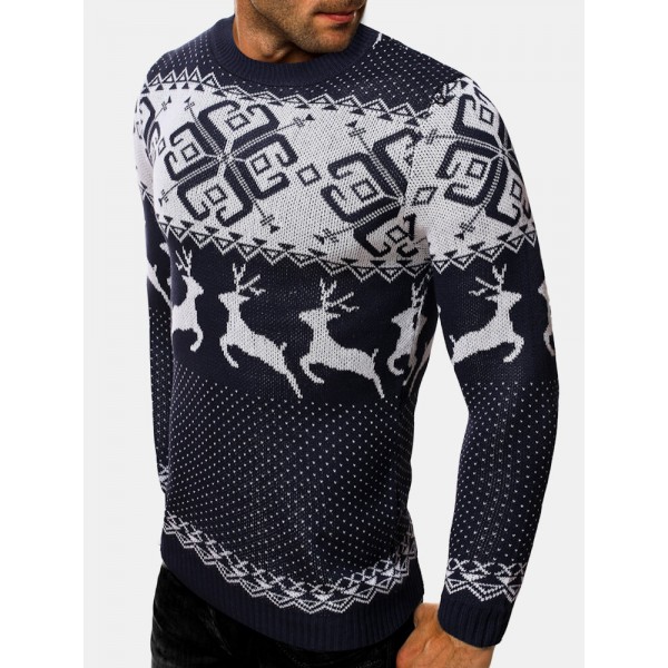 Mens Christmas Style Elk Graphics Round Neck Long Sleeve Warm Knitted Sweaters 